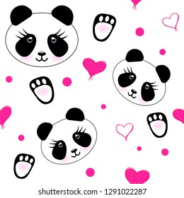 Panda. a heart. black and white bear vector. illustrations. panda seamless pattern
