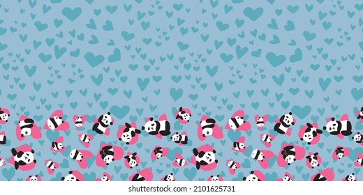 Panda Heart Frame Border Seamless Pattern. Vector illustration. Great for birthday, party, gift wrapping, wallpaper, textile and scrapbook 