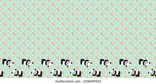 Panda Heart Frame Border Seamless Pattern. Vector illustration. Great for birthday, party, gift wrapping, wallpaper, textile and scrapbook 