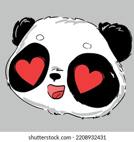 Panda and heart illustration vector, cute panda head