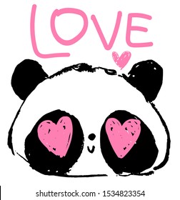 Panda and heart isolated on white background. Letters - Love. Childish print for t-shirts and textiles.