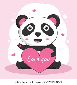 Panda With Heart. Romance, Love And Care. Design For Greeting And Invitation Card For Valentines Day And Wedding Anniversary. Cute Toy Or Mascot. I Love You. Cartoon Flat Vector Illustration