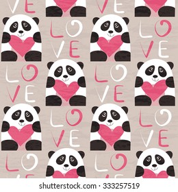 Panda with heart seamless pattern. Hand drawn design for Valentines Day and Birthday greeting cards, fabric, wrapping paper, invitation, stationery. 
