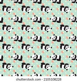 Panda Heart Seamless Pattern. Vector illustration. Great for birthday, party, gift wrapping, wallpaper, textile and scrapbook 