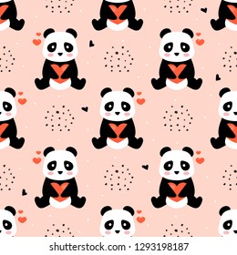 Panda with hearts, seamless pattern, animal icon, happy in love, cartoon vector