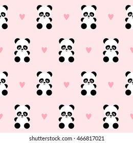 Panda with hearts seamless pattern on pink background. Design for Saint Valentine's Day. Vector background with smiling baby animal panda. Baby girl illustration.