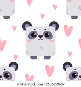 Panda with hearts.Pattern with cute cartoon animals. Kawaii children's print with pets. Vector illustration for fabric, paper, wallpaper, packaging