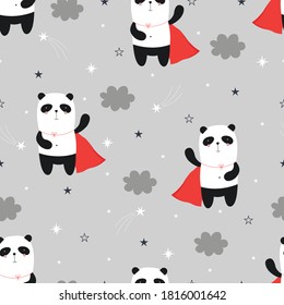 Panda Hero Seamless Pattern Hand drawn cartoon animal background in childrens style Vector design used for fabric, textile, fashion, publications