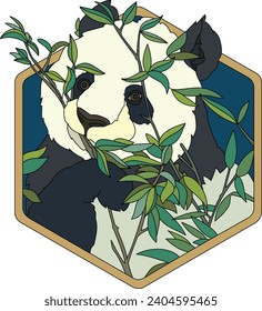 Panda In Hexagon Frame Vector Illustration. Panda Eating Leaves In Hexagon Frame Illustration. Animal Vector Illustration. Panda Bear In Frame	
