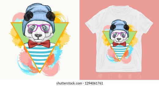 Panda, hipster animals. Print for t-shirts and another, trendy apparel design 