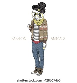 panda hipster boy with coffee, furry art illustration, fashion animals, hipster animals