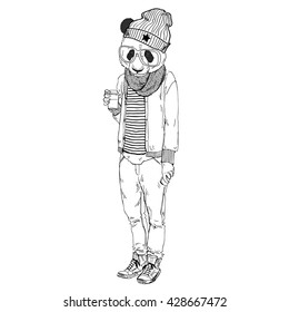 panda hipster boy with coffee, furry art illustration, fashion animals, hipster animals