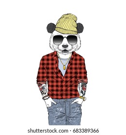 panda hipster, furry art illustration, fashion animals