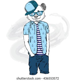 Panda hipster in summer clothes. The bear with the human body. Fashion & Style. Vector illustration.