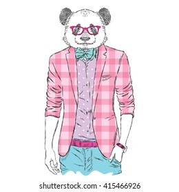 Panda - hipster wearing a jacket. Vector illustration.