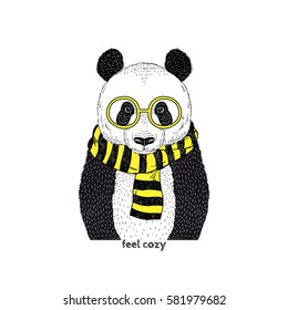 panda hipster wearing stripy scarf, animal illustration