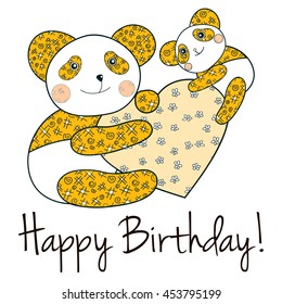 Panda with his baby and heart happy birthday card. vector illustration.
