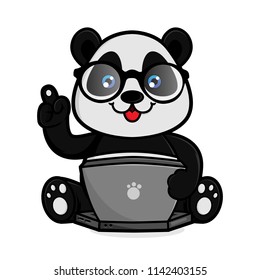 Panda hold laptop isolated in white background