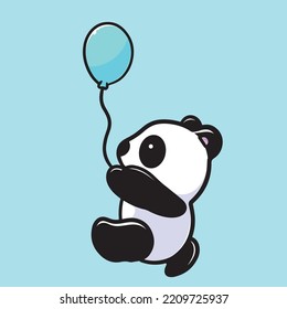 Panda Holding Balloon Cartoon Mascot Vector Design Flat Cute Smile Expression