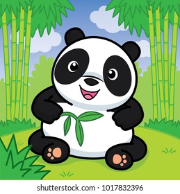 Panda is holding a bamboo branch, cute vector, cute cartoon