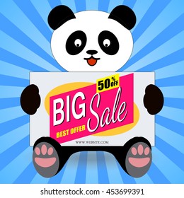 panda holding a banner sale on a blue background. Vector illustration