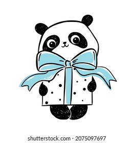 Panda holding big gift box with blue bow. Cute animal character with present. Vector textured illustration