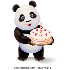 Panda holding birthday cake. Vector clip art illustration with simple gradients.