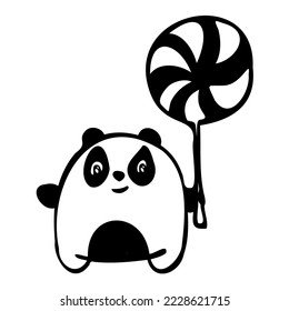 Panda holding a black and white lollipop.