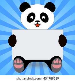 panda holding a blank banner with space for text at blue background. Vector illustration