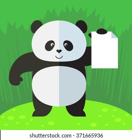 Panda holding blank sheet of paper. Flat style vector illustration on Green background. National emblem of China