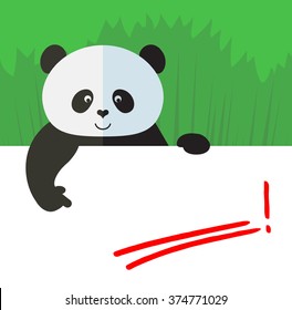 Panda holding a blank sheet and pointing on red underline empty place. Flat style vector illustration on Green background. National emblem of China