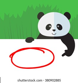 Panda holding a blank sheet and pointing on red empty frame. Flat style vector illustration on Green background. National emblem of China svg
