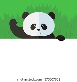 Panda holding a blank sheet and waving hand greeting. Flat style vector illustration on Green background. National emblem of China