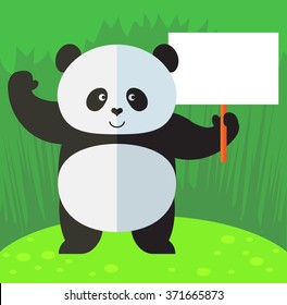 Panda holding a blank sign. Flat style vector illustration on Green background. National emblem of China