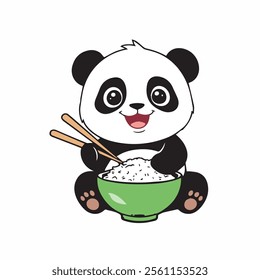 Panda holding a bowl of rice and chopsticks. Cute Happy Panda Eat Rice Vector