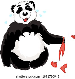 panda holding a burst balloon and crying with tears, a series of funny pandas, the balloon burst and shattered into pieces 