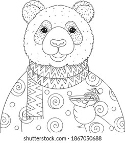 Panda holding cocktail glass on the trees for coloring book, coloring page. Vector illustration