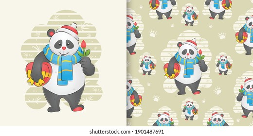 The panda holding the flower and holding a gift on the pattern set of illustration