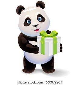 Panda holding gift box. Vector clip art illustration with simple gradients.