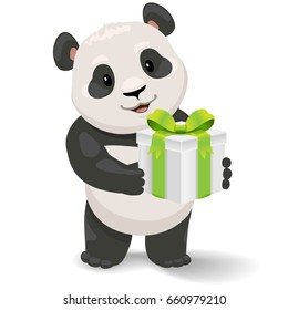 Panda holding gift box. Vector clip art illustration with simple gradients.