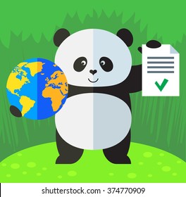 Panda holding a globe and check list with green mark. Flat style vector illustration on Green background. National emblem of China