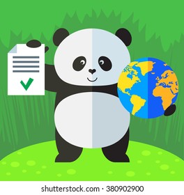 Panda holding a globe and check list with green mark. Flat style vector illustration on Green background. National emblem of China