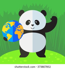 Panda holding a globe and waving hand. Flat style vector illustration on Green background. National emblem of China