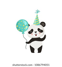 Panda holding glossy balloon and waving by paw. Funny bamboo bear in party hat. Flat vector design for children's book or postcard