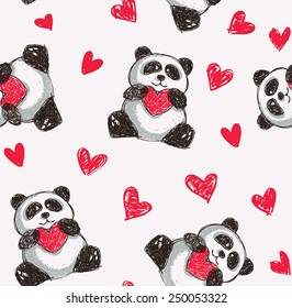 panda holding heart seamless background 