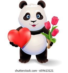 Panda holding heart and tulips. Valentine's day vector clip art illustration.