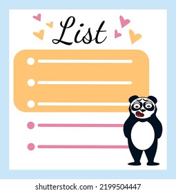 Panda holding his head from the to-do list. Vector Stock illustration. Case plan. A diary. Notes