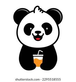 Panda Holding Ice Cup with Straw Negative Space Concept Logo