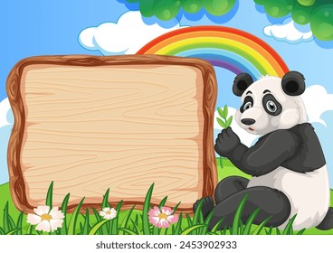 Panda holding a leaf beside a wooden sign.
