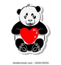 panda holding love heart red balloon sticker. cute bear pattern